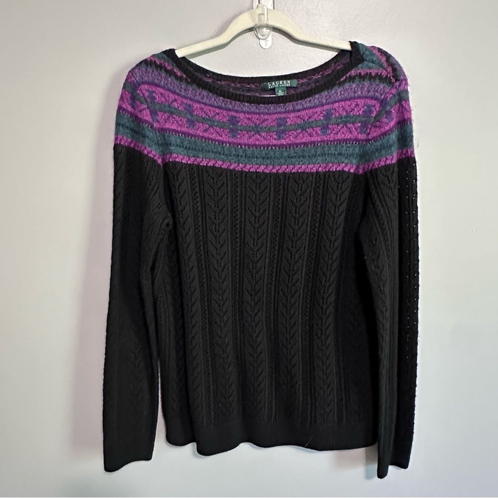 Lauren Ralph Lauren Women’s XL Sweater Black Fair Isle Stripe Wool Blend Knit